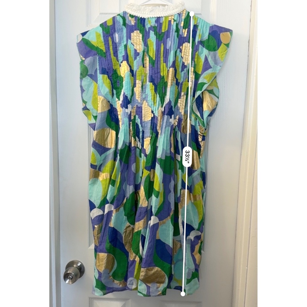 Jude Connally Womens Medium Blue Green Gold Abstract Pintuck Fringe Shift Dress - Picture 3 of 4